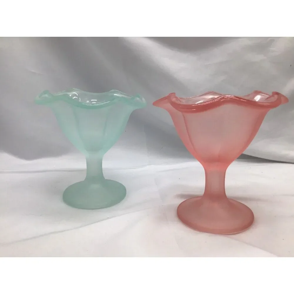 Pair Satin Glass Ice Cream Dishes Old Fashion Sundae Party Mid Century